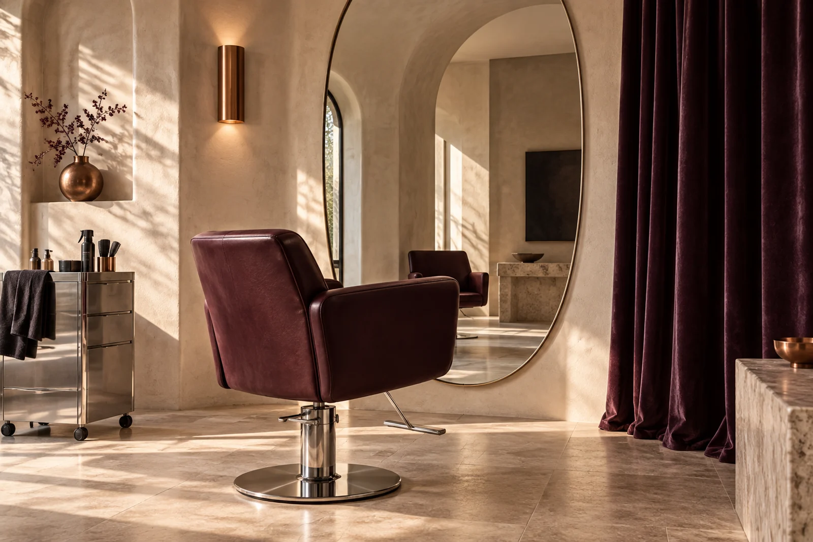 Gestaltungskonzept eines ruhigen Salons mit warmen Materialien und skulpturalem Licht
