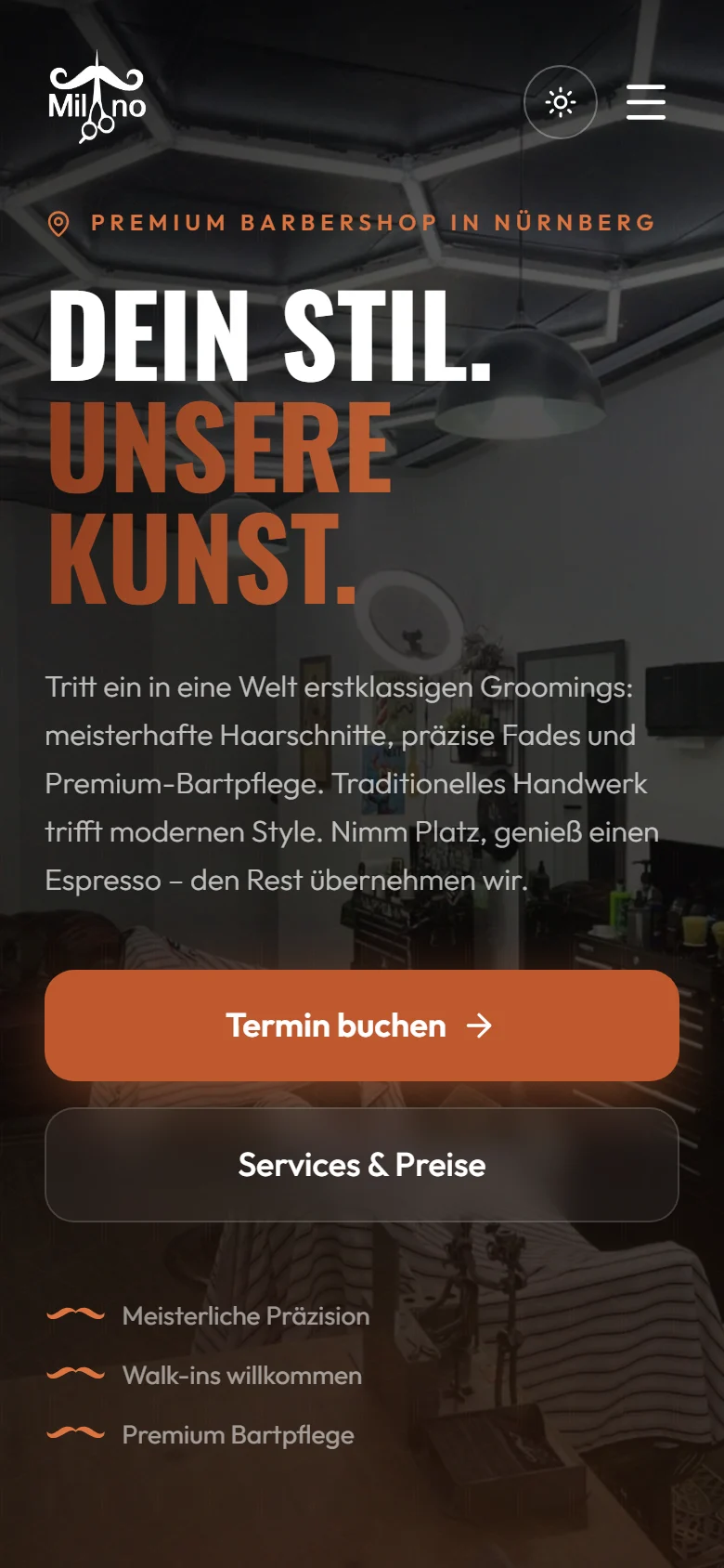Vollständiger mobiler Einstieg von milanobarber.de: Claim, Kurzvorstellung, Termin-Button und Leistungen des Ladens